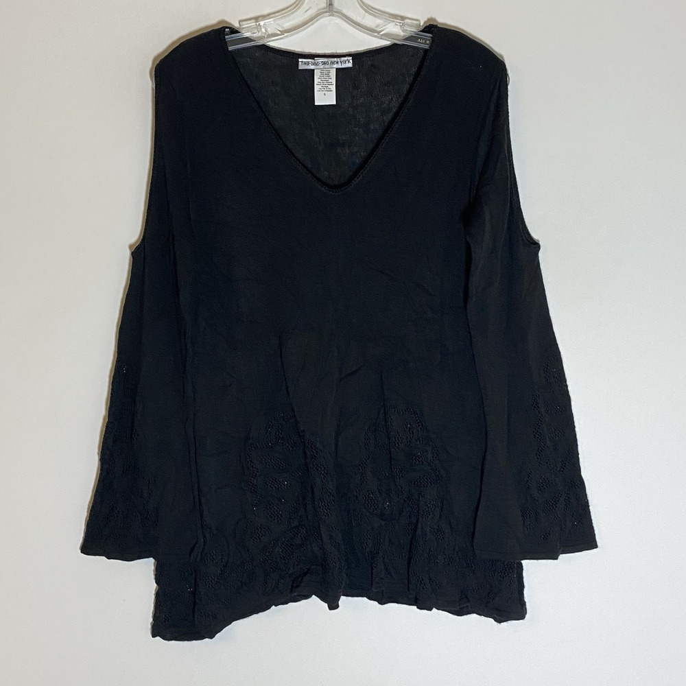 Two One Two New York Top Womens Small Black Tunic Lagenlook Cold Shoulder Classy